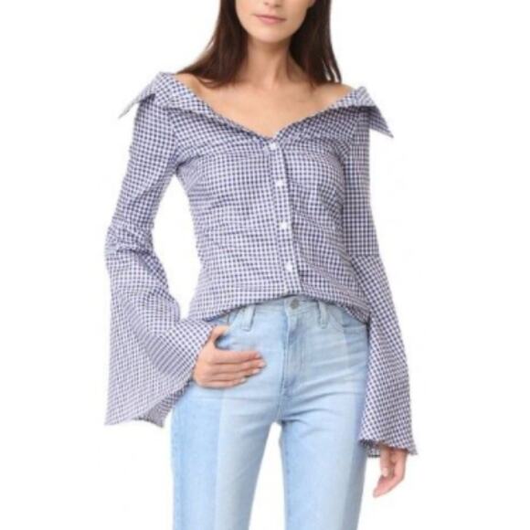 Caroline Constas Tops - Caroline Constas Persephone Bell Sleeve Gingham Blouse
